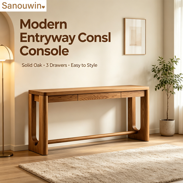 Modern Solid Oak Wood Console Table 3 Storage Drawers Narrow Entryway Sofa Table for Hallway Living Room