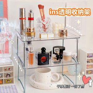 Ins Transparent Storage Rack Double Tier <b>Foldable</b> Plastic <b>Desk</b> Organizer For Cosmetics Cup Stationery Books - Product Image 1