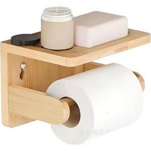 Portarrollos de papel higiénico de madera para colgar en la pared, sin necesidad de taladrar, con estante de almacenamiento, de bambú y madera para baño. - Product Image 2