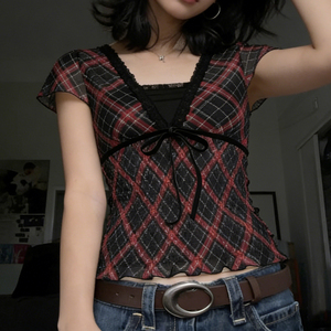 Ins Style Urban Chic Black Red Plaid Print Lace <b>Patchwork</b> Tie Front Short Sleeve V Neck Sexy Mesh Lace <b>Top</b> - Product Image 4