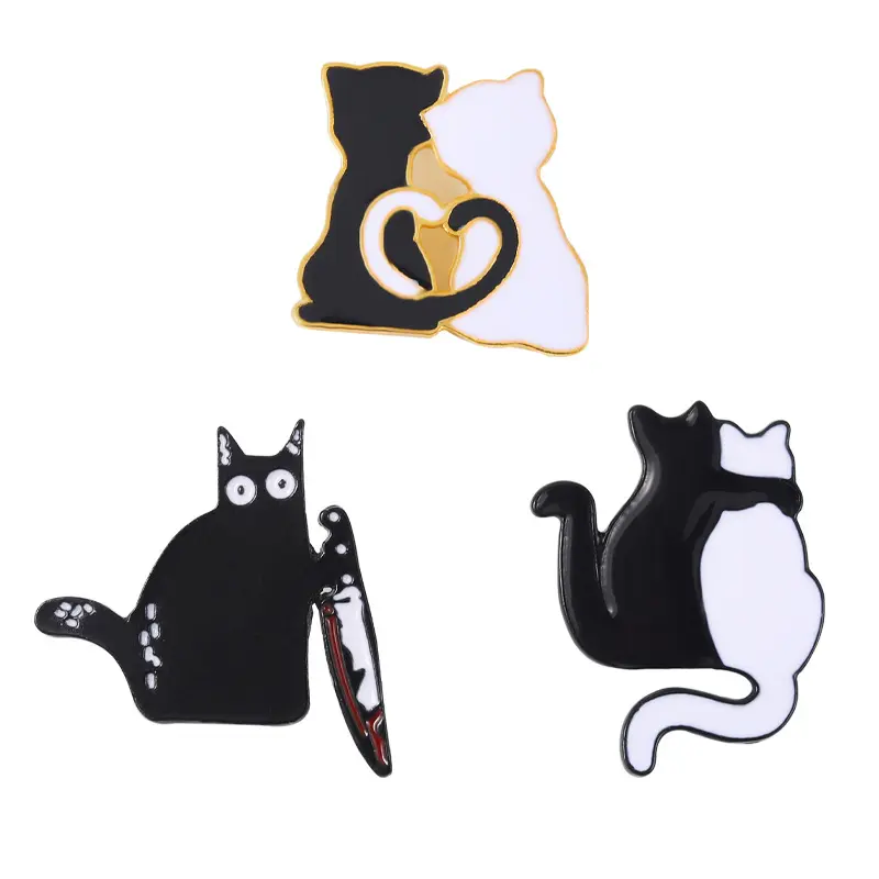 ナイフでかわいい猫のブローチ黒猫怖いカップル抱きしめる黒と白の猫のラペルピンペイントバッジ