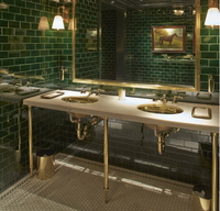 Console à double évier de style vintage à structure métallique Meuble-lavabo à double vasque pour comptoir en pierre Support de jambe en laiton doré brillant