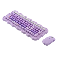 Clavier sans fil 98 touches 2.4G avec touches personnalisées mignonnes à bord ondulé violet, souris sans fil 4D, étanche, ergonomique pour le bureau