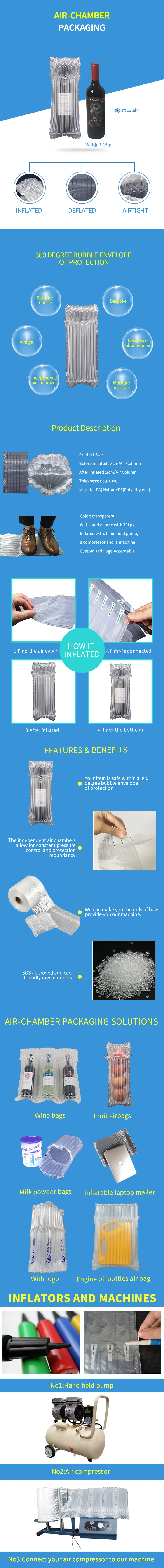 Protección de empaquetado de la columna del terraplén del vacío del cristal de botellas del amortiguador de la burbuja del carrete de película del envío inflable plástico del airbag