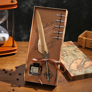 Stylo plume rétro européen avec manche en cuivre et ornement <span class=keywords><strong>feuille</strong></span> d'érable, coffret cadeau personnalisé avec 5 pointes et encre - Product Image 1
