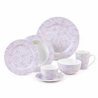Service de table élégant et luxueux en porcelaine fine avec motif floral mandala violet en relief, finition sous glaçure, vaisselle OEM