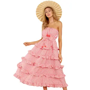 High Quality <strong>Red</strong> <strong>Gingham</strong> Plaid Long Maxi Elegant Women Casual Dress Summer Wear - Product Image 1