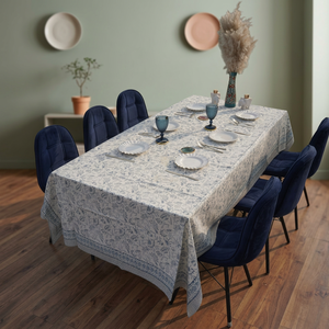 Handmade Eco-Friendly Durable Floral Printed Cotton <b>Linen</b> Rectangle Simple Style Washable Home Use Blue <b>White</b> Pattern <b>Tablecloth</b> - Product Image 3