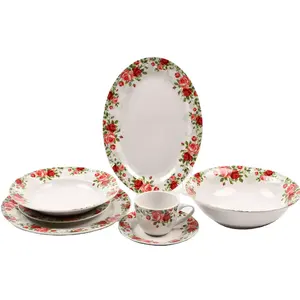 Populer Penjualan Panas Keramik Makan Set Merah Putih Porselen Decal Piring Bunga Mangkuk Cangkir Piring untuk Rumah Hotel Restoran Hadiah