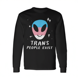 Camiseta de manga larga con estampado digital de la bandera del orgullo alienígena LGBTQ, para adultos, unisex, cuello redondo, con la frase 'Las personas trans existen' - Product Image 2
