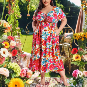 Custom Printed ODM Eco-Friendly <b>Plus</b> <b>Size</b> Tie Neck Summer Casual A-Line Maxi <b>Dress</b> Short Sleeve Empire Waist Floral Boho Front - Product Image 2