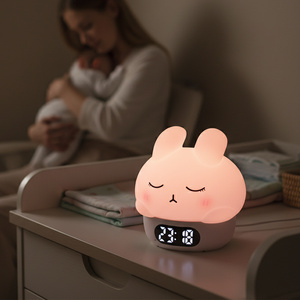 Lampe de réveil multifonctionnelle en forme de lapin, double réveil avec affichage de la température et de la date, lumière de chevet rechargeable par USB - Product Image 1