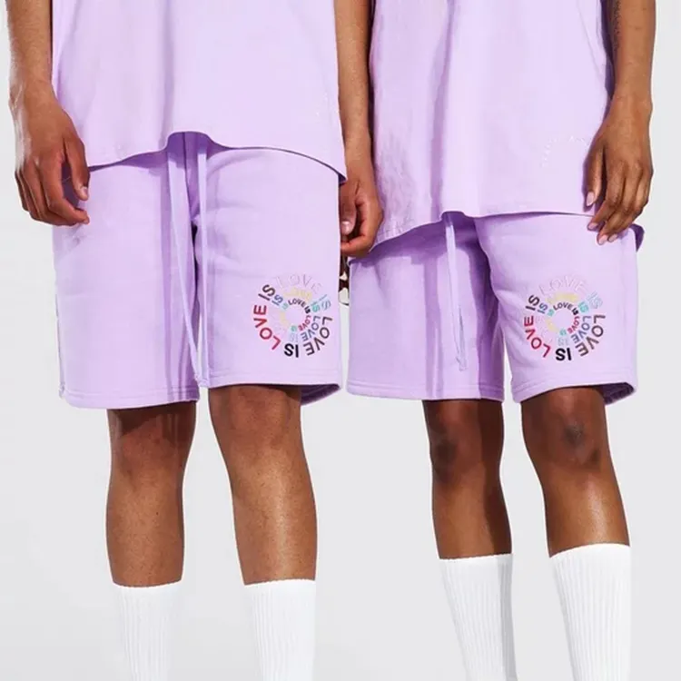 Oem Custom Shorts Masculinos Heren Boardshorts Essentiële Lichtgewicht Franse Badstof Gekleurde Borduren Logo Paars Zomer Shorts