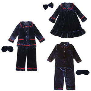 Ensemble de pyjamas en velours <span class=keywords><strong>bleu</strong></span> marine à volants pour Noël, pyjamas pour enfants, pyjamas brodés pour couple, robe de nuit, masque pour les yeux assorti, nœud 2026 - Product Image 2