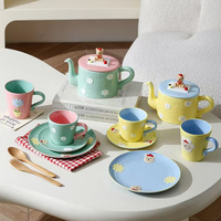 Assiette et service à thé en céramique en forme d'ours en peluche, figurine 3D, imprimé floral coloré, vaisselle en porcelaine pour cadeau