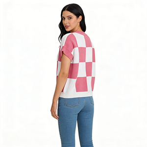 Chic Checkerboard Knit <strong>Top</strong>, Short Sleeve Crew Neck Sweater, Loose Fit Casual Blouse, Women's <strong>Checkered</strong> Knit <strong>Top</strong> - Product Image 1