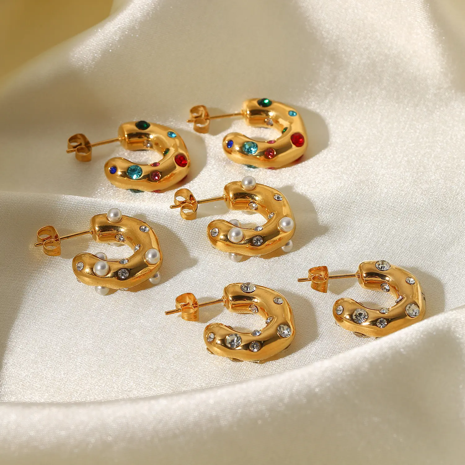 2405 jieding the same special-shaped hammer grain inset zircon pearl C-shaped ear ring 18K gold stainless steel earrings