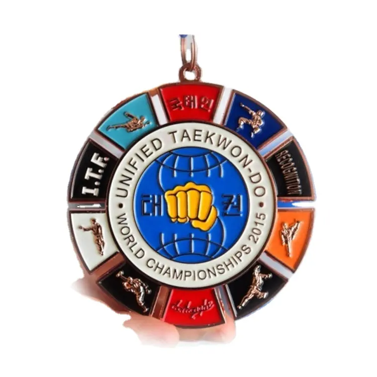 custom design trophy souvenir iron championship taekwondo medal awards with ribbon drape