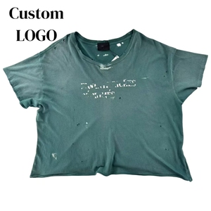 เสื้อยืดคุณภาพสูง ผลิตเสื้อผ้าสตรีทแวร์ตามสั่ง พิมพ์ลายคุณภาพดี ผ้าฝ้ายทรงบ็อกซี่ ตัดเย็บแบบครอป ดีไซน์ทำสีซีดแบบ Distressed เสื้อยืดแบบ Acid Wash สำหรับผู้ชาย - Product Image 1