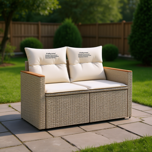 Canapé de jardin 2 places en rotin beige, pliable, mobilier de patio, design contemporain, coussin en mousse haute densité - Product Image 2