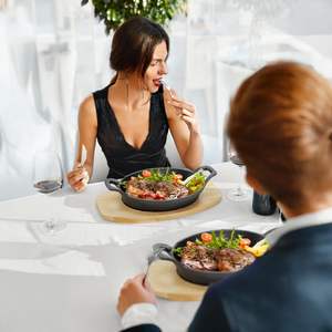 Enameled <b>Cast</b> Iron Oval Skillet with Wooden Serving Board Dual Handles Cooking <b>Pan</b> for Steak Fish - Product Image 6