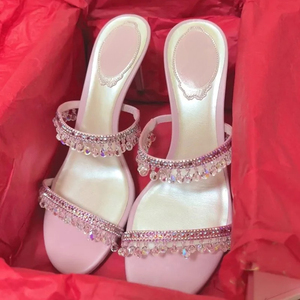 Summer New Sexy Women <b>Sandals</b> Thin Heel Rhinestone High Heels Open Toe Backless Slippers Fairy Style - Product Image 5