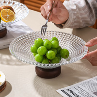 Plateau à fruits en verre transparent avec base en bois massif, coupe diamantée, bol à fruits surélevé, plateau de service décoratif pour la maison, table basse