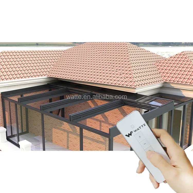 Buitentuin Aluminium Glazen Dakbedekking Automatische Intrekbare Regen Waterdichte Overdekte Elektrische Pergola Balkon Patio Cover