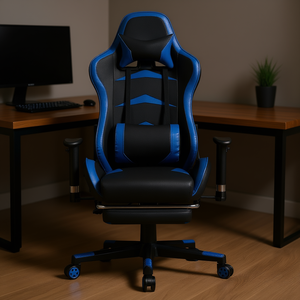 Sedia da Gaming Blu in Pelle PU con Braccioli 4D, Reclinabile Manuale, Base Girevole e Funzione Massaggio - Product Image 2