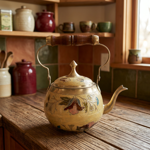 Vintage Brass <b>Kettle</b> With Wooden Handle Floral Enamel Design Water Pot With Lid - Product Image 4
