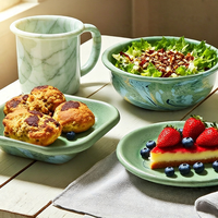 Vaisselle émaillée de qualité alimentaire verte mouchetée personnalisée en gros : Assiette émaillée, Plat à dessert émaillé, Bol à salade émaillé, Tasse émaillée