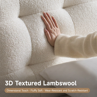 Lit double moderne français en tissu rembourré crème avec cadre en bois, meubles de chambre principale sur mesure, garantie de 3 ans