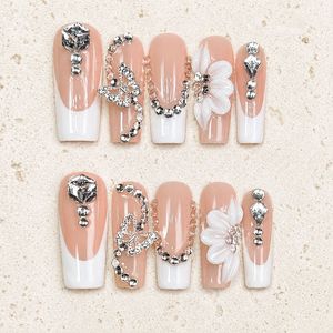 TSZS 10 <span class=keywords><strong>Uñas</strong></span> Postizas Francesas Blancas Hechas a Mano de Alta Calidad, <span class=keywords><strong>Uñas</strong></span> Artificiales Largas y Cuadradas con <span class=keywords><strong>Flores</strong></span> de Diamantes de Imitación <span class=keywords><strong>en</strong></span> 3D - Product Image 1
