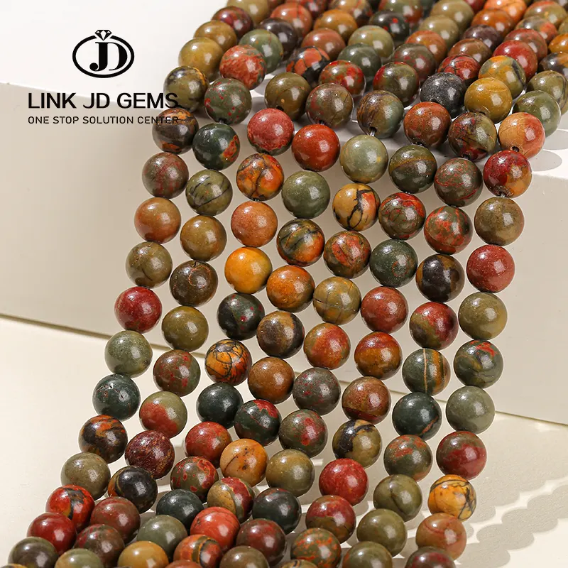 JD Semi Precious 4 6 8 10MM Natural Smooth Red Turquesas Picasso Jaspe Round Loose Strand Stone Bead para la fabricación de joyas