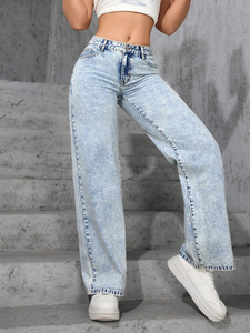 Pantaloni Casual a vita media pantaloni larghi Denim ragazze Jeans stile fidanzato semplice tessuto - Product Image 3