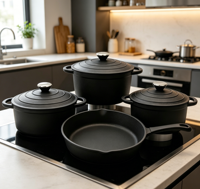 Ensemble de 4 ustensiles de cuisine en fonte : cocotte et poêle à frire, avec double poignée, compatible gaz et induction, pour la cuisson domestique