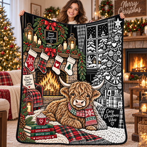 Manta de Peluche para Colorear DIY con Diseño de Vaca Highland Navideña y Patrón Festivo, con Diseño de Chimenea Acogedora para Uso Doméstico - Product Image 2