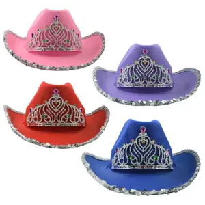 قبعة حفلة رخيصة تاج كبير مزين بصلابة رعاة البقر فيدورا قبعات مهرجان وقبعات حفلات
