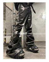Jean évasé brillant en similicuir pour homme, déchiré avec empiècements abstraits, coupe ample, longueur allongée, style décontracté, hip-hop, vintage, streetwear - Meilleures ventes