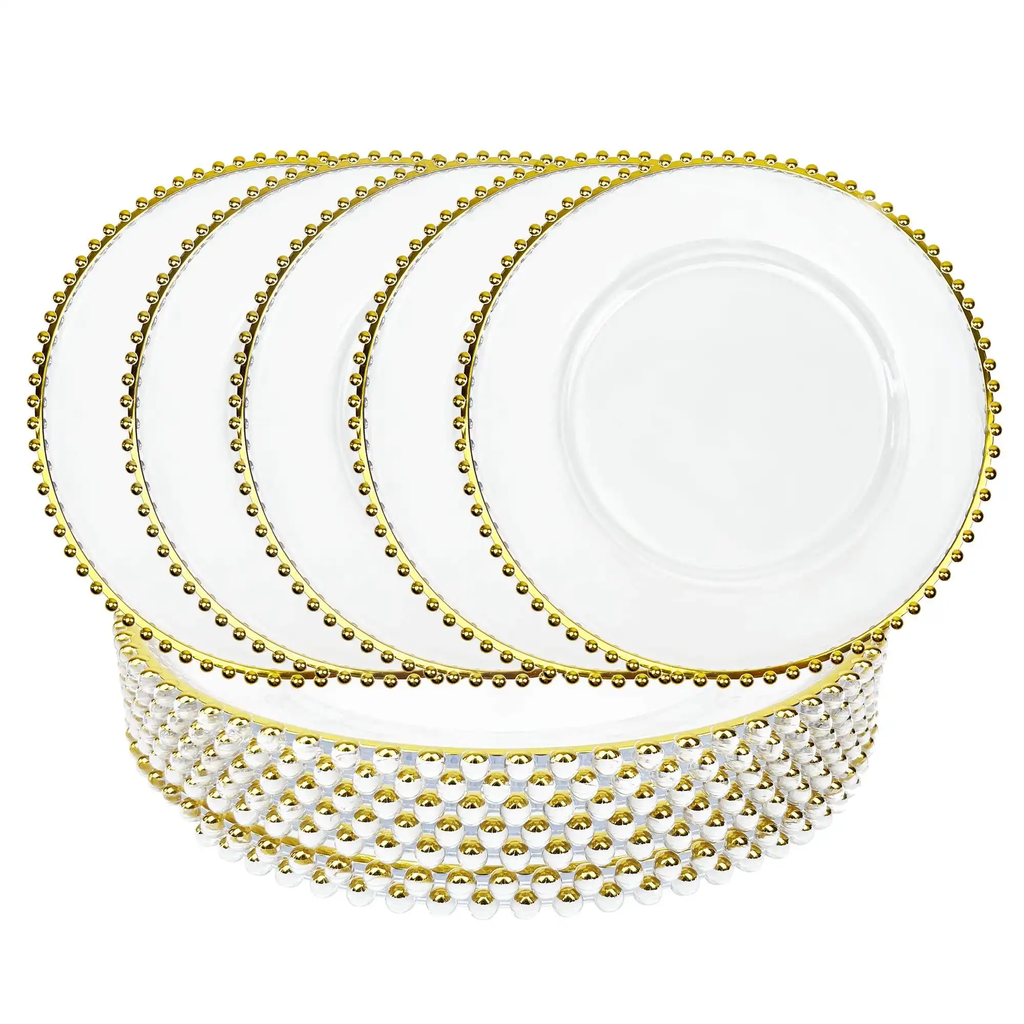 Jane aşk 13 inç temizle plastik şarj aleti tabaklar masa yemeği yuvarlak şarj plakaları altın boncuklu supla tabağı