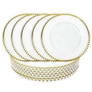 Jane Love 13 Inch Clear Plastic Charger Plates Table Dinner Round Charger Plates Gold Beaded Charger Plate