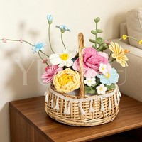 Panier de fleurs en coton fait main au crochet, fleurs mélangées colorées tricotées, arrangement floral artificiel au crochet, décoration moderne pour la maison