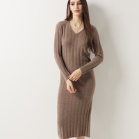 Prix de gros compétitifs Robe longue ajustée à col en V et à larges côtes, 30% cachemire, tricot doux et extensible, taille personnalisée