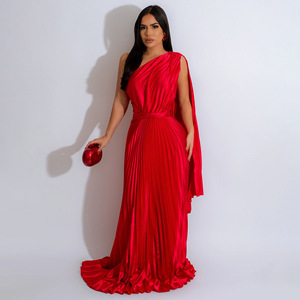 Vestido largo de mujer a la última moda para 2026, vestido de un solo hombro, vestido con cuello diagonal plisado - Product Image 5