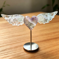 Cœur en cristal naturel sculpté en forme d'aile d'ange avec support métallique, figurine en pierre précieuse sculptée à la main de 8 à 10 cm pour la décoration de la maison