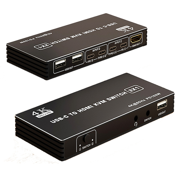 Type C KVM Switcher 2x1 4K 60Hz USB-C to HDMI USB KVM Switch 2 in 1 Out Support PD Charging for 2 Computer Share Mouse Keyboard