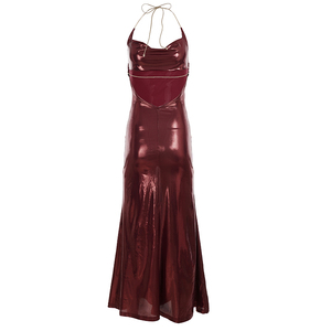 Robe de soirée sexy à dos nu, col halter, en cuir respirant, unie, longue, taille haute, moulante, pour femmes, vente en gros - Product Image 6