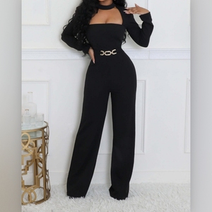 Mono elegante de mujer con cuello tipo bufanda, manga larga y pierna ancha, a la moda - Product Image 4