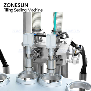 Machine de remplissage, scellage et pressage automatique de pots en plastique pour yaourt, confiture de fruits et pâtes, modèle ZONESUN ZS-AFS02R, avec pompe à piston rotative monobloc. - Product Image 3