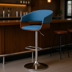 Tabouret de bar pivotant réglable en tissu bleu avec base chromée, design moderne et contemporain pour bar à domicile ou usage commercial - Product Image 2